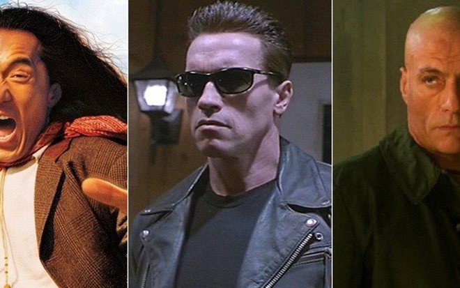 Jackie Chan, Arnold Schwarzenegger e Jean-Claude Van Damme em cenas de seus filmes - Reprodução
