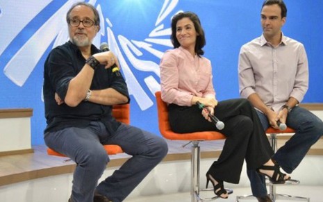 Luiz Nascimento, Renata Vasconcellos e Tadeu Schmidt apresentam cenário do Fantástico  - Divulgação/TV Globo - 2014