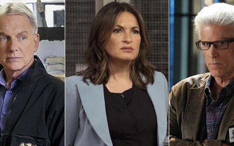 Mark Harmon em NCIS (à esq.), Mariska Hargitay em Law & Order: SVU e Ted Danson em CSI - Divulgação/CBS/NBC