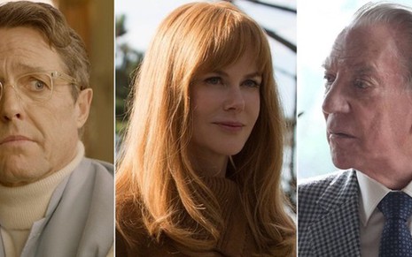 Hugh Grant no filme Paddington 2, Nicole Kidman em Big Little Lies e Donald Sutherland em Trust - Montagem/Divulgação/StudioCanal/HBO/FX