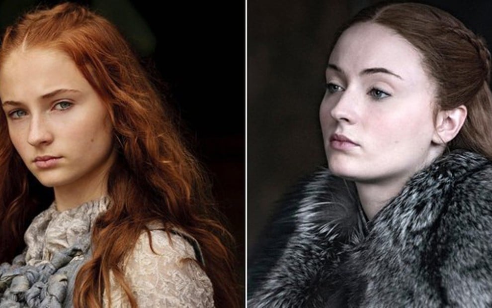 Sophie Turner, a Sansa Stark de Game of Thrones, em imagem da primeira temporada (à esq.) e da oitava - Imagens: Divulgação/HBO