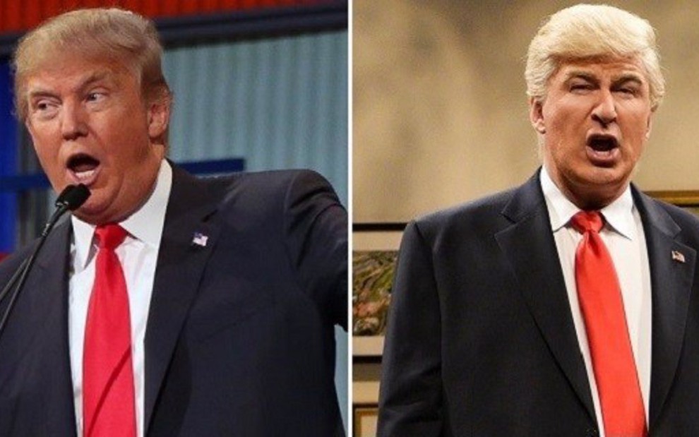 Donald Trump em debate e Alec Baldwin em programa humorístico; o político é o da esquerda - Montagem/Divulgação