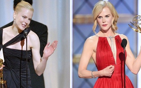 Nicole Kidman recebe o Oscar em 2003 (à esq.) e o Emmy neste ano: talento de cinema na TV - Divulgação/Oscar/Emmy