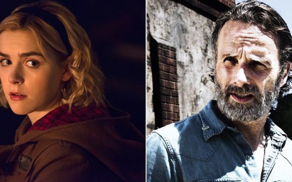 A atriz Kiernan Shipka em O Mundo de Sabrina e Andrew Lincoln na oitava temporada de Walking Dead - Divulgação/Netflix/AMC