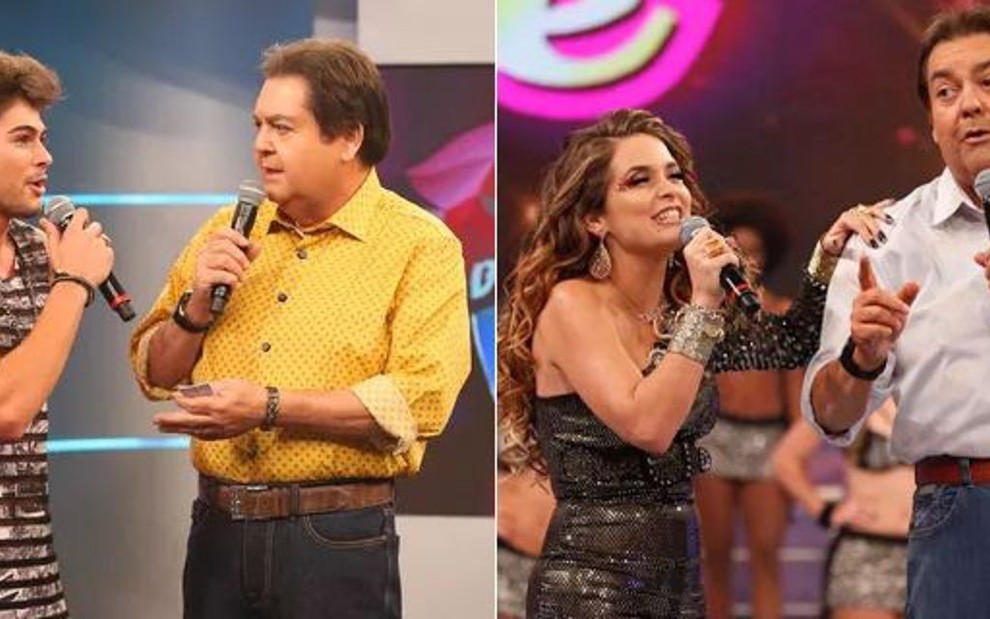 Léo Régis (Rafael Vitti) foi ao Domingão do Faustão, assim como Chayene (Cláudia Abreu) - Fotos: Reprodução/TV Globo
