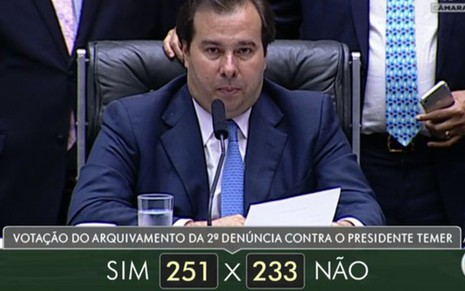 O presidente da Câmara, Rodrigo Maia, encerra votação de denúncia contra Michel Temer - Reprodução/TV Globo