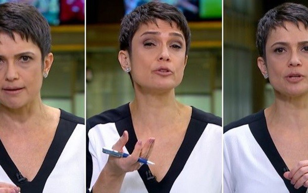 Sandra Annenberg no Jornal Hoje do dia 14, após os atentados, em que só sorriu para colegas - Reprodução/TV Globo