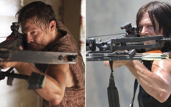 O ator Norman Reedus em cenas da segunda (à esq.) e da sexta temporada de Walking Dead - Fotos: Divulgação/Montagem/AMC