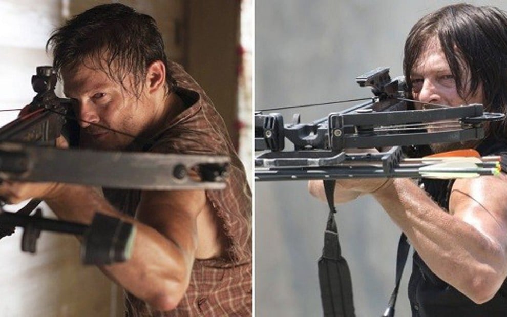 O ator Norman Reedus em cenas da segunda (à esq.) e da sexta temporada de Walking Dead - Fotos: Divulgação/Montagem/AMC