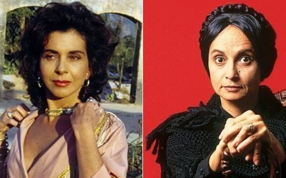 Betty Faria (à esq.) e Joana Fomm interpretaram as irmãs Tieta e Perpétua na novela de 1989 - Imagens: Reprodução/Globo