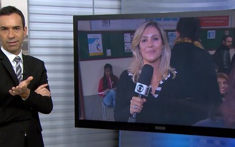 Os jornalistas César Tralli e Flávia Freire durante o SP TV 1ª Edição de ontem (19) - Reprodução/Globo