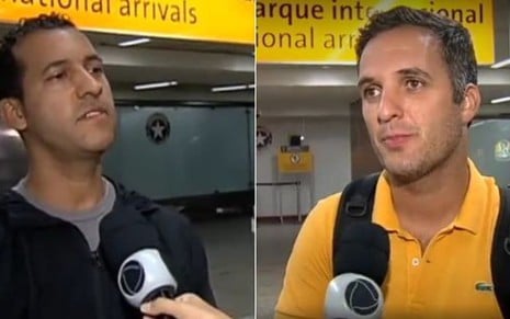 Gilson Fred Oliveira (à esq.) e Leandro Stoliar ao desembarcar no Brasil na segunda (13) - Reprodução/Record