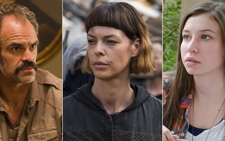 Os atores Steven Ogg, Pollyanna McIntosh e Katelyn Nacon no drama zumbi Walking Dead  - Montagem/Divulgação/AMC