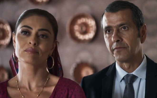 Maria da Paz (Juliana Paes) e Amadeu (Marcos Palmeira) em cena da novela A Dona do Pedaço, no sábado (16)