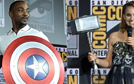Anthony Mackie com escudo do Capitão América e Natalie Portman com martelo de Thor durante a Comic-Con - Fotos: Reprodução/Instagram