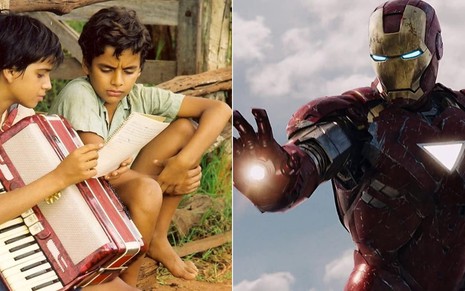 Montagem: Sentados, estão os atores mirins protagonistas de 2 Filhos de Francisco (2005); o ator Robert Downey Jr. caracterizado como o Homem de Ferro em Vingadores (2012)