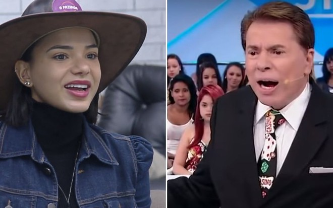 Montagem de fotos com Jakelyne Oliveira em A Fazenda 12, e Silvio Santos com a boca aberta em seu programa no SBT