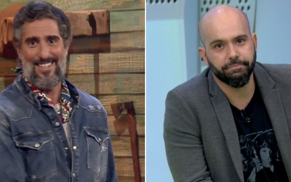 Marcos Mion sorri em A Fazenda 12 enquanto o também apresentador Lucas Gutierrez faz cara de chateado em Segue o Jogo