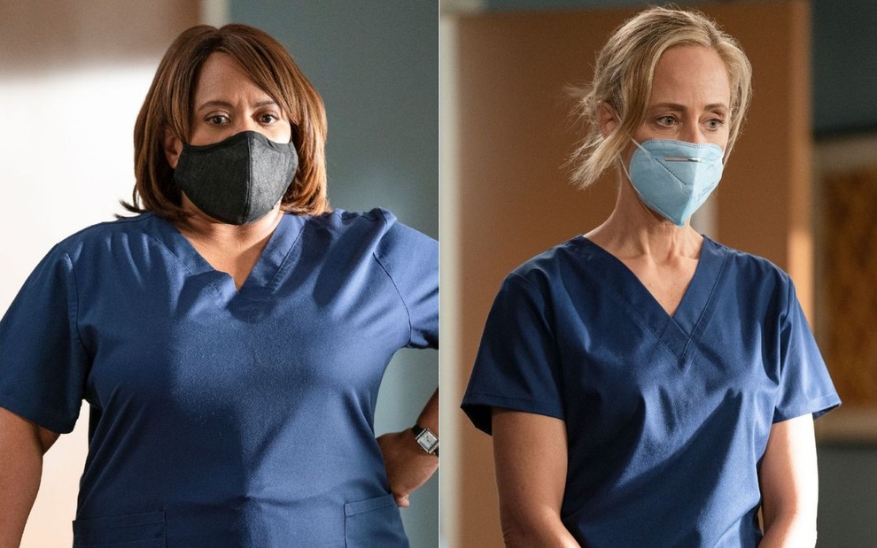 Montagem com fotos de Chandra Wilson e Kim Raver caracterizadas como Miranda Bailey e Teddy Altman na 17ª temporada de Grey's Anatomy