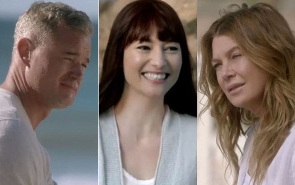 Montagem com fotos de Eric Dane, Chyler Leigh e Ellen Pompeo em cena da 17ª temporada de Grey's Anatomy