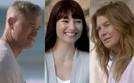 Montagem com fotos de Eric Dane, Chyler Leigh e Ellen Pompeo em cena da 17ª temporada de Grey's Anatomy