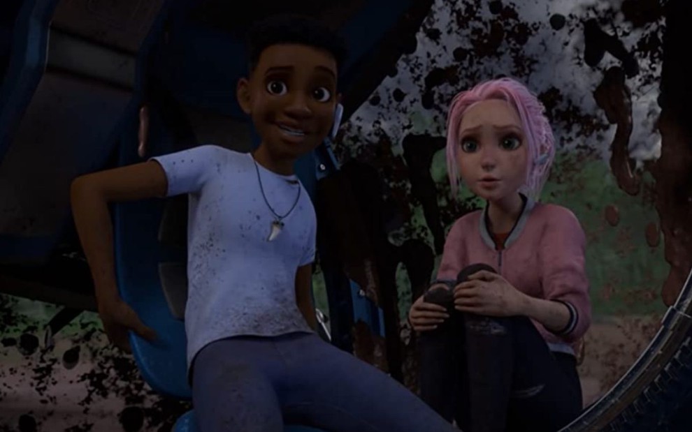 Darius (Paul-Mikél Williams) e Brooklynn (Jenna Ortega) em cena de Jurassic World: Acampamento Jurássico
