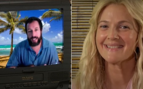 Adam Sandler aparece em uma VHS mostrada em uma TV antiga; Drew Barrymore usa peruca loira e sorri; atores reencenaram Como Se Fosse a Primeira Vez (2004)