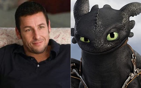 Montagem com Adam Sandler sorrindo em Tá Rindo do Quê? (2009) e o dragão preto Banguela em Como Treinar Seu Dragão 2 (2014)