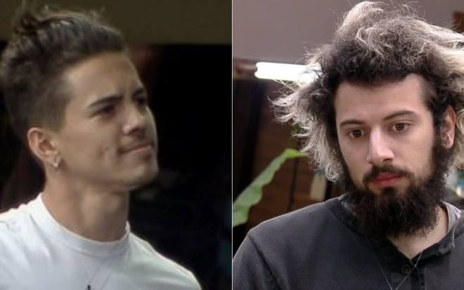 O cantor Biel e o jornalista Lucas Strabko, conhecido como Cartolouco, em cenas de A Fazenda 12