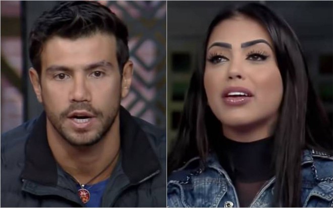 Na primeira imagem: Mariano aparece usando uma blusa azul escuro, ele está com a boca aberta e está na frente de um fundo preto com transparência; na segunda foto: MC Mirella está com o cabelo solto, usa jaqueta jeans e blusa preta