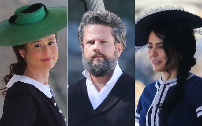 Montagem de fotos dos atores Mariana Ximenes, Selton Mello e Leticia Sabatella em gravações de Nos Tempos do Imperador