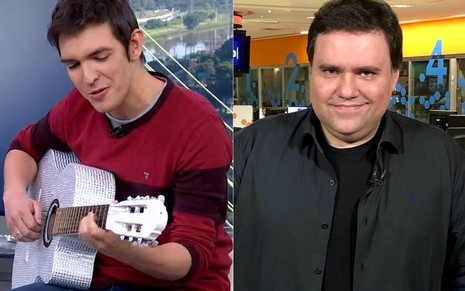 Alessandro Jodar de blusa vinho tocando violão prateado; Rodrigo Rodrigues na redação da Globo de camisa preta