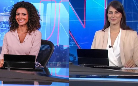 As jornalistas Aline Aguiar e Jéssica Senra posam na bancada do telejornal Jornal Nacional, da Globo