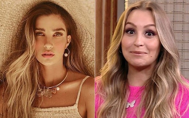 Aline Gotschalg com chapéu gigante e blusa de alça bege; Carla Diaz com cara de espanto e vestido pink