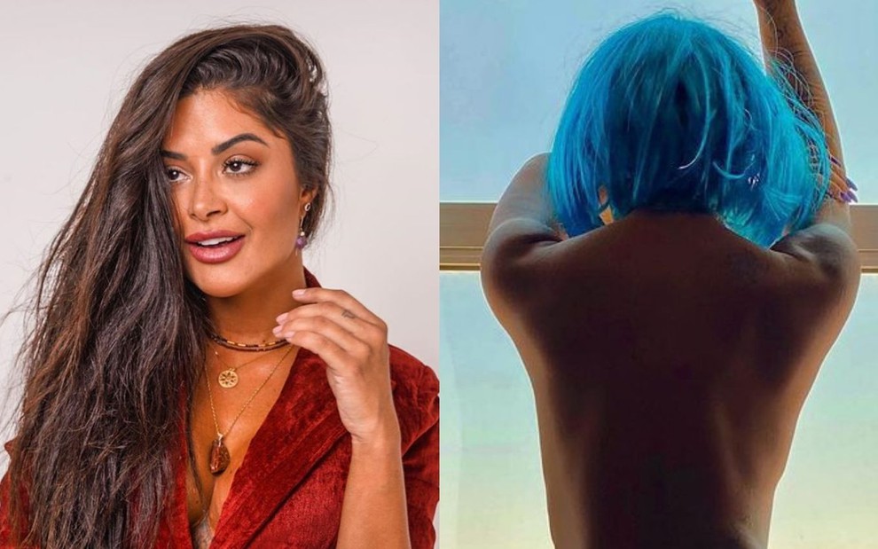 Montagem de fotos de Aline Riscado; uma de frente sorrindo e uma de costas com peruca azul