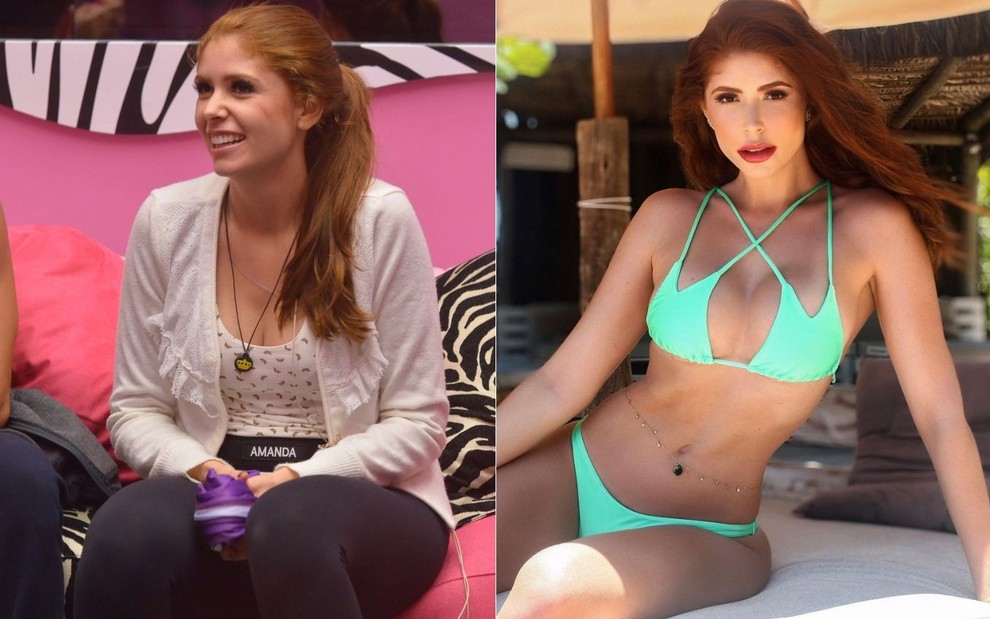 Montagem de fotos de Amanda Gontijo no BBB14 (esquerda) e em ensaio moda praia em fevereiro (direita)