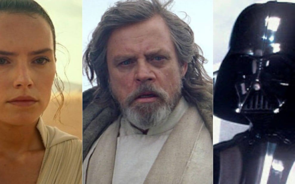 Montagem de fotos com Rey (Daisy Ridley), Luke Skywalker (Mark Hamill) e o vilão Darth Vader