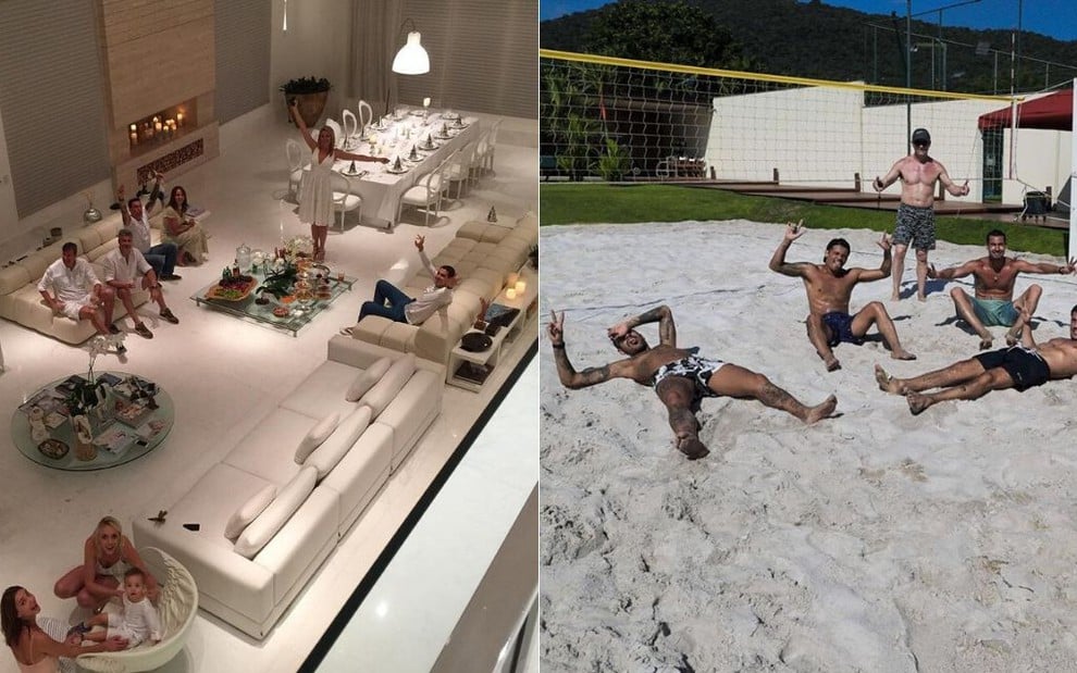 Montagem de fotos de Ana Hickmann em sua sala de estar e Neymar em sua quadra de areia