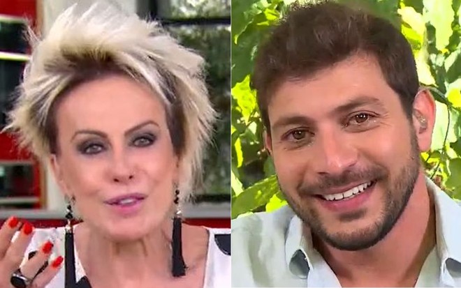 Montagem de imagens com Ana Maria Braga, loira, de cabelo espetado e vestido branco com bolinhas pretas; Caio Afiune de barba e camisa azul clara