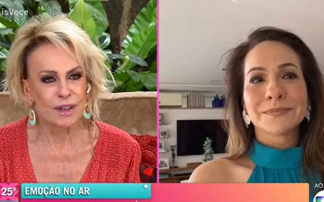 Ana Maria Braga de vestido vermelho; Maria Beltrão de blusa azul de gola e brincos