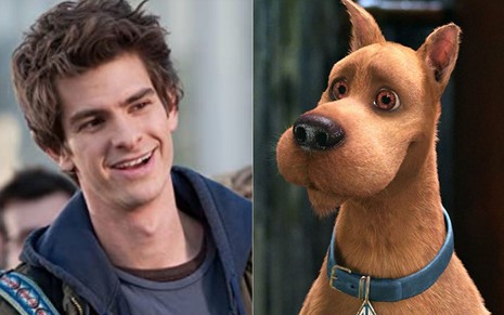 Montagem com Andrew Garfield em O Espetacular Homem-Aranha (2012) e o cachorro Scooby em Scooby-Doo 2: Monstros à Solta (2004)