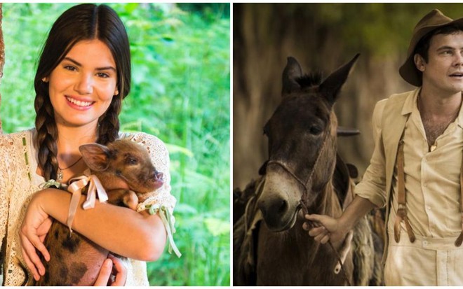 Camila Queiroz com a porca Lili no colo e Sergio Guizé conduzindo o burro Policarpo, em cenas de Êta Mundo Bom
