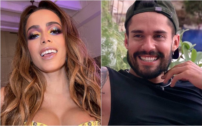 Na primeira foto: Anitta usa blusa amarela, está com o cabelo solto e sorri para foto; na segunda foto: Arcrebiano sorri, usa boné preto e regata preta