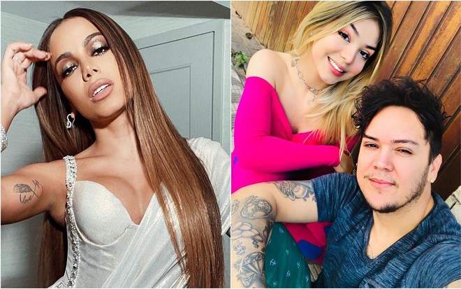 Na primeira foto: Anitta usa um conjunto prata, está com a mão na cabeça e cabelo solto; na segunda foto: Melody está com a mão no braço de Belinho, ela usa blusa rosa e ele camiseta azul