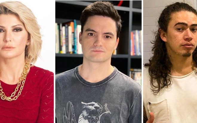 Montagem com Antonia Fontenelle em vestido vermelho, Felipe Neto com blusa cinza e Whindersson Nunes com regata branca em selfie
