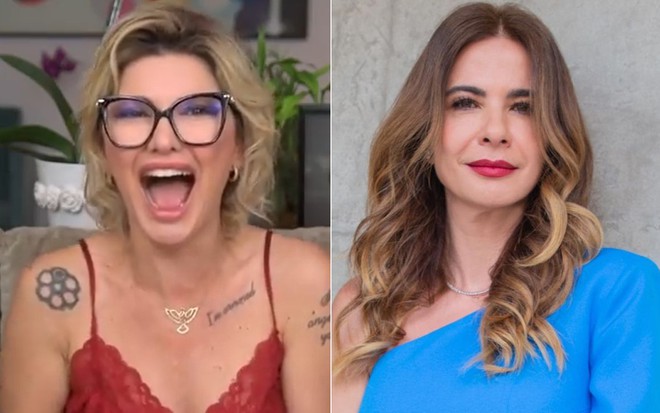 Antonia Fontenelle de boca aberta, usando uma blusinha de alça vermelha, e Luciana Gimenez com uma blusa azul
