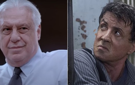 Montagem com os atores Antonio Fagundes em Contra a Parede (2018) e Sylvester Stallone em Rota de Fuga (2013)