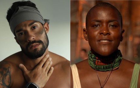 Montagem com as imagens de Arcrebiano de Araújo, sem camisa e segurando o pescoço, e Angélica Ramos, com uma blusinha verde e um lenço no pescoço