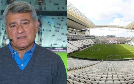 Montagem de fotos com Cleber Machado na Arena Corinthians e imagem do estádio vazio