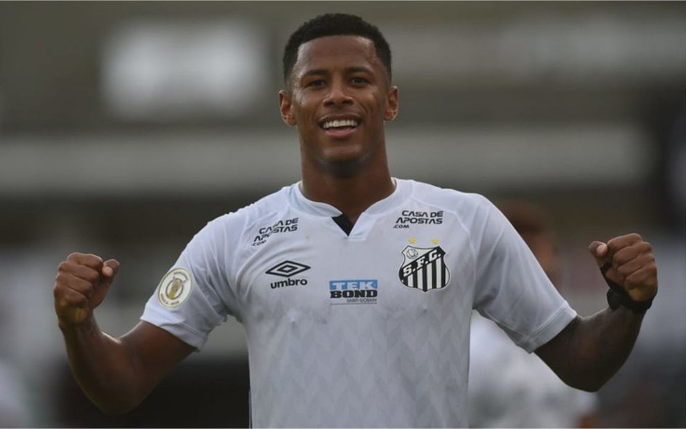 Arthur Gomes comemora gol pelo Santos no Brasileirão